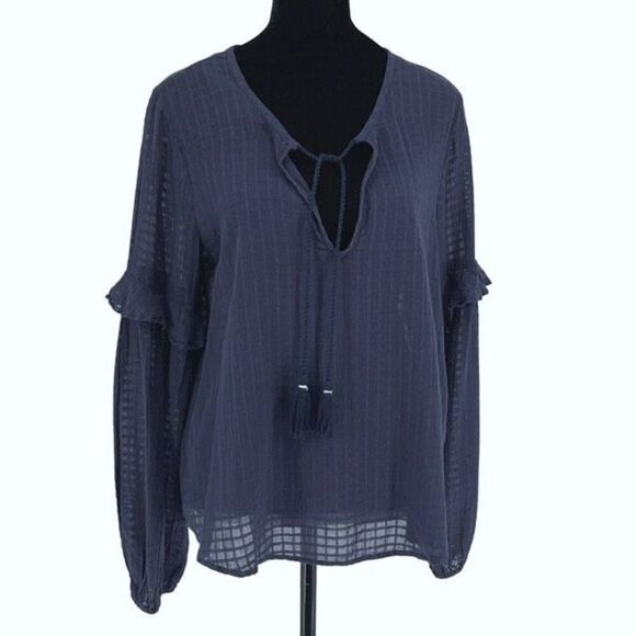 Splendid Womens Blouson Long Sleeve Ruffle Tassel Peasant Blouse Top Navy‎ Small - Picture 1 of 10